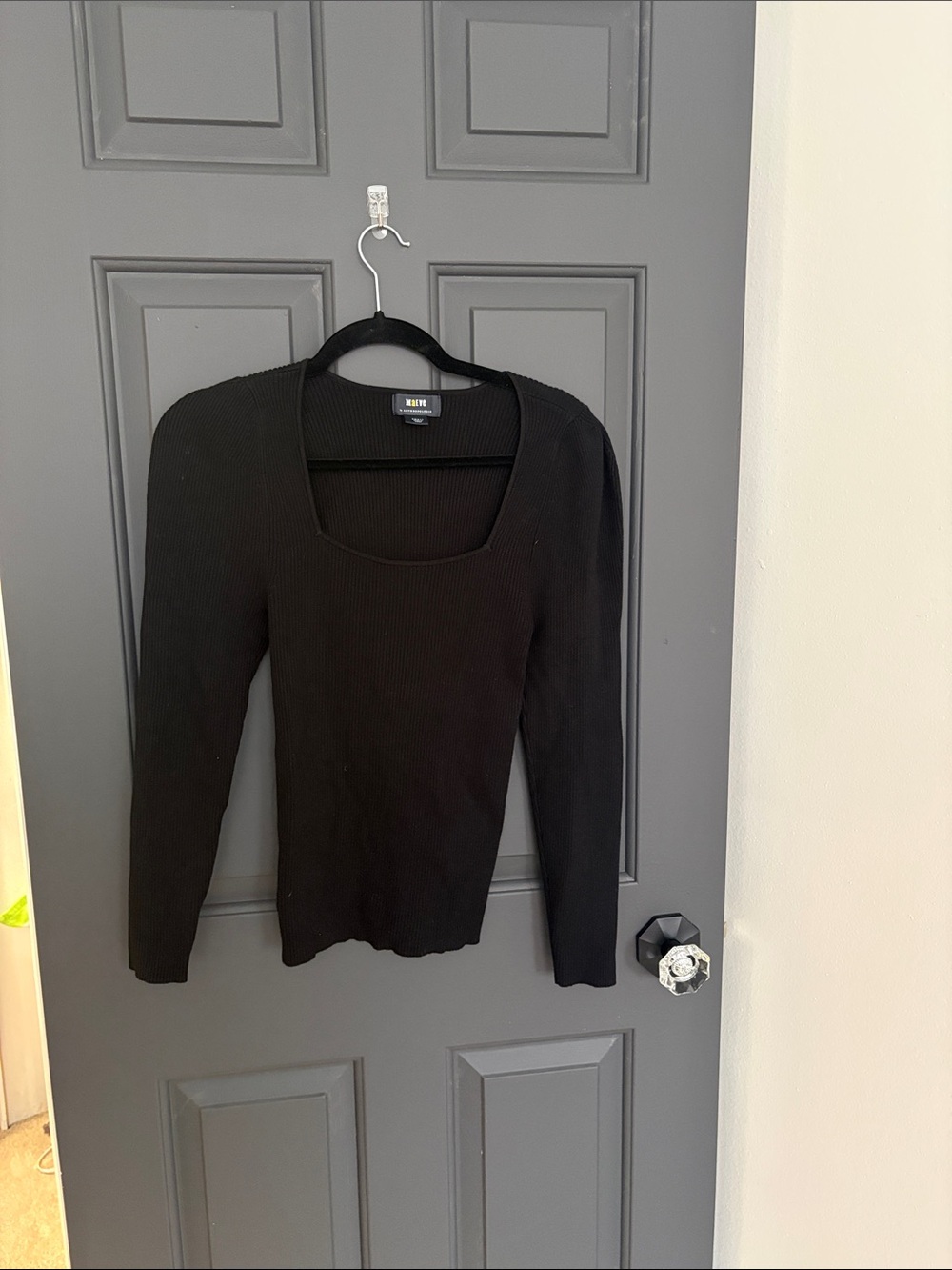 Anthropologie Black Ribbed Square-Neck Long Sleeve Top